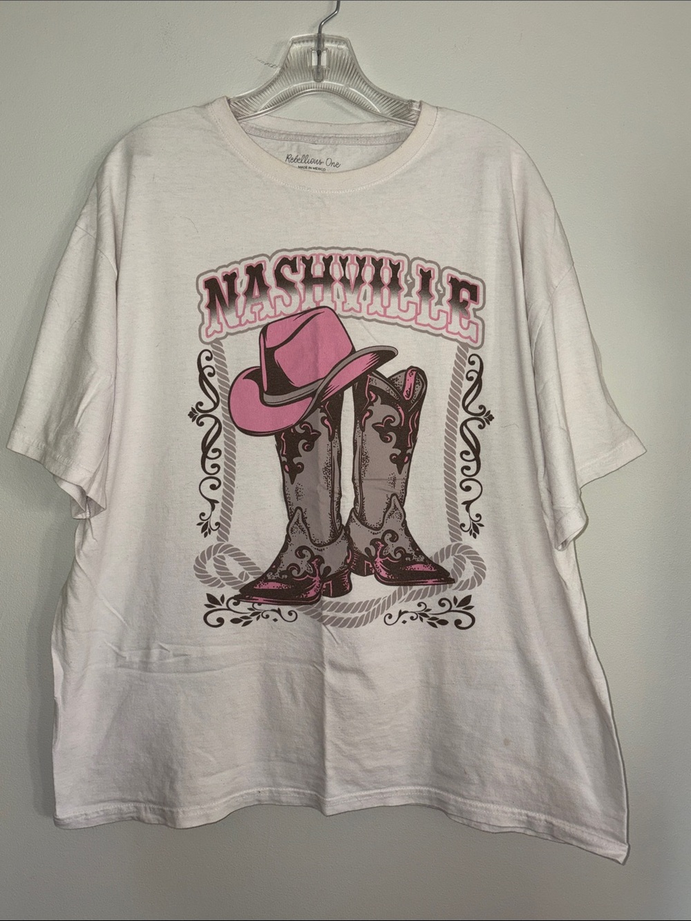 Rebellious One Nashville Pink Cowboy Boots & Hat Graphic Tee - XL -